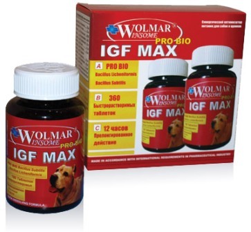Wolmar Pro Bio IGF MAX (Волмар Про Био ИЖФ Макс) - Комплекс для развитие мышечной, соединительной ткани, увеличение массы и оптимизацию метаболизма питания для щенков и собак крупных пород 180 таб.