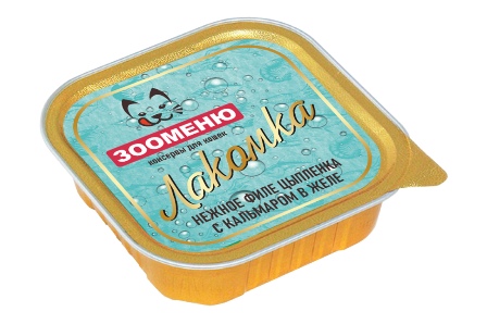 Зооменю - Консервы для кошек Лакомка Нежные волокна филе цыпленка с кальмаром в желе 100 гр